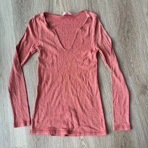 Michael Stars One Size v neck top shimmer orange Coral long sleeve blouse shirt